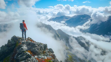 Adult male hiker sitting on rocky mountain above clouds. 