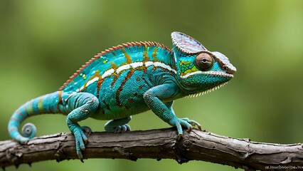 Obraz premium A vibrant blue chameleon perched on a branch in a lush green forest, showcasing its unique scales and striking colors.