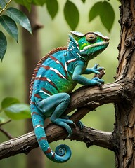 Obraz premium A vibrant chameleon perched on a tree branch, showcasing its intricate scales and striking colors.
