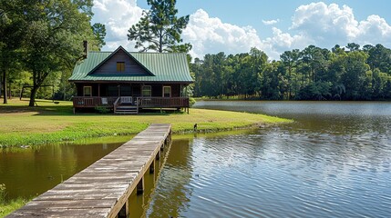 Fototapeta premium Wooden Cabin by the Lake on a Sunny Day