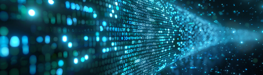 Binary data stream in a digital environment. Symbolizes technology, information flow, and cyberspace. Perfect for tech visuals, data analysis, and digital themes
