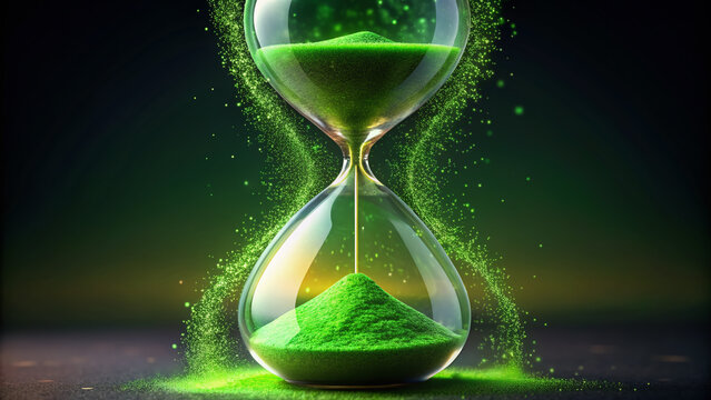 A stylized digital hourglass with vibrant green sand flowing from top to bottom, symbolizing eco-friendly time management and efficient sustainable practices implementation.