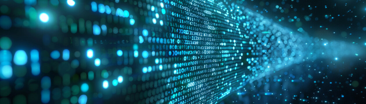 Binary data stream in a digital environment. Symbolizes technology, information flow, and cyberspace. Perfect for tech visuals, data analysis, and digital themes
