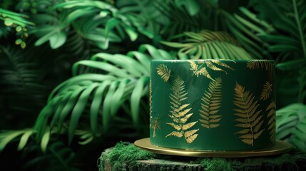 sleek, forest green cake with minimalist golden fern patterns, set against a backdrop of a lush, dark green forest