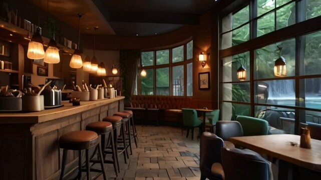 View of the waterfall seen from the glass window of the cafe restaurant