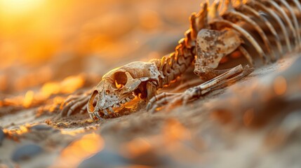 A skeleton is laying on the ground in a desert. The sun is setting in the background, casting a warm glow on the scene. Scene is somber and eerie, as the skeleton's bones are exposed