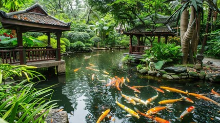 Naklejka premium Traditional Asian Garden Pond With Koi Fish and Wooden Gazebos