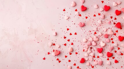 Red and pink hearts scattered on a light pink background, creating a romantic and festive Valentine's Day theme.