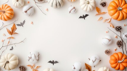 Festive arrangement of white and orange pumpkins, pinecones, candy corn, and black bat cutouts on a white background. Halloween and autumn concept.
