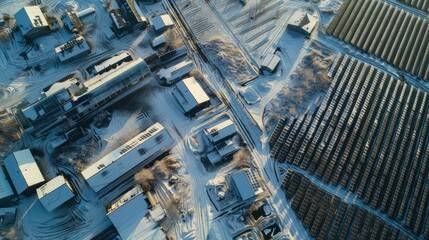 Fototapeta premium Aerial view of a photovoltaic farm with snow-covered solar panels.