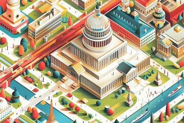 Fototapeta premium Isometric Illustration of a Cityscape With a Large Building and a River
