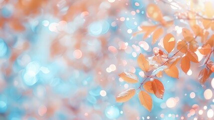 Delicate autumn leaves against a pastel bokeh background, featuring warm and bright colors, creating a vibrant fall scene.