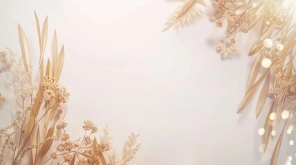 Golden and white botanical flat lay with festive elements on a light background, perfect for elegant celebrations.