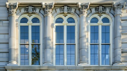 Architectural detail of bay windows on a historic high-rise building.