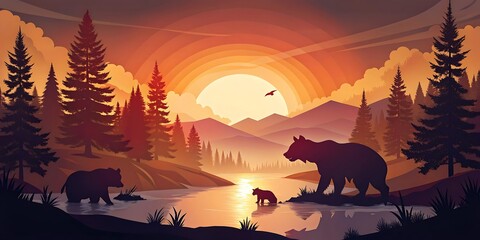 Bears Fishing at Sunset in Forest as Wallpaper or Poster Design
