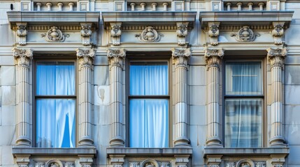 Obraz premium Architectural detail of bay windows on a historic high-rise building.