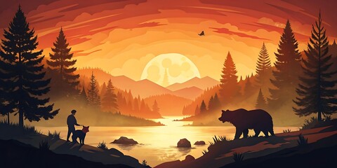 Bears Fishing at Sunset in Forest as Wallpaper or Poster Design