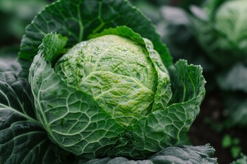 Obraz premium Vibrant cabbage head with detailed leaves, dew-covered in a lush farm setting