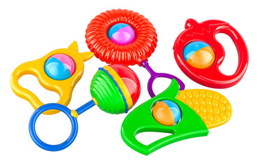 Colored Baby Rattles, Newborn Infant Baby Toys. 3D rendering isolated on transparent background