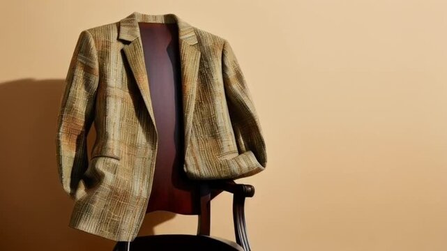 A tweed blazer with a classic wear, relaxed fit and a rustic sheen, draped over a chair with the fabric texture and pattern prominently displayed.