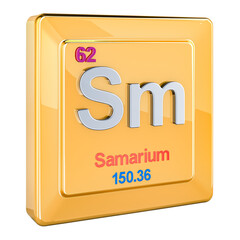 Samarium Sm, chemical element sign with number 62 in periodic table. 3D rendering isolated on transparent background