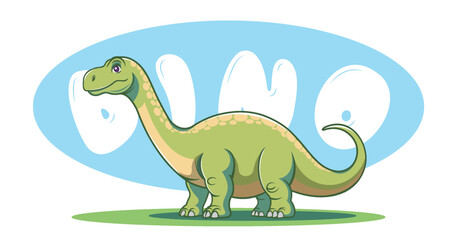 Vector illustration. Cartoon cute kind big spotted green dinosaur. Prehistoric animal. Dino. Ancient wildlife. Brontosaurus or titanosaur.