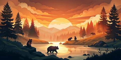 Bears Fishing at Sunset in Forest as Wallpaper or Poster Design