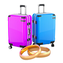 Wedding travel, honeymoon concept. Suitcases with wedding rings, 3D rendering isolated on transparent background