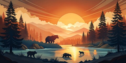 Bears Fishing at Sunset in Forest as Wallpaper or Poster Design