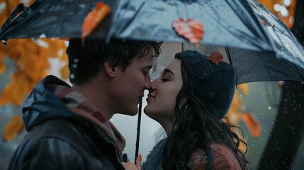 Close-up couple portrait of a young couple sharing a kiss under an umbrella.