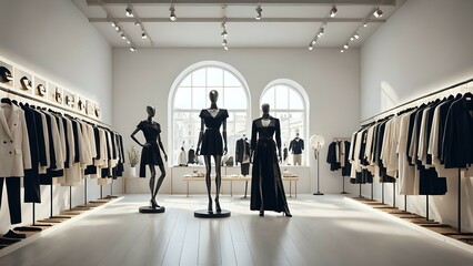 Modern clothing store interior with mannequins and racks of clothes.