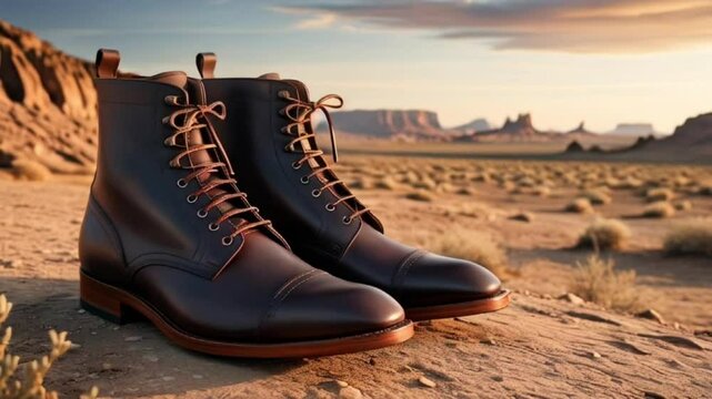 pair of chukka boots on a desert landscape, with the laces and buckles showcased beautifully in high detail against the rugged backdrop.