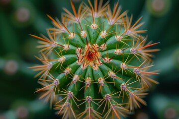 Fototapeta premium Close-up macro shot of vibrant cactus with sharp spines and detailed texture, showcasing the natural beauty of this succulent plant in the desert environment