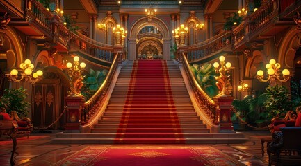 Obraz premium A red carpeted staircase leads to the entrance of an opulent hall, flanked by gold statuesques and ropes.