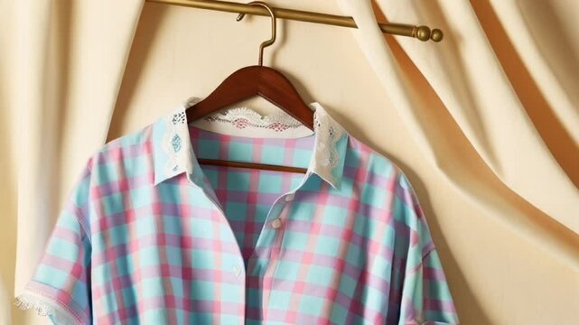 gingham shirt with a bold pattern, and a comfortable wear, draped over a hanger.