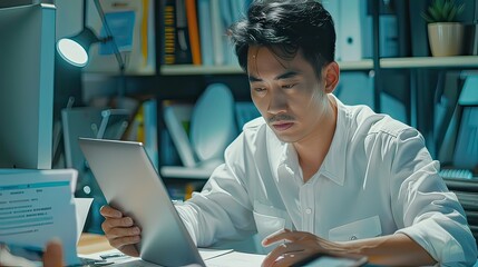 Portrait of Young Asian man hand freelancer is working her job on computer tablet in modern office. Doing accounting analysis report real estate investment data, Financial and tax systems concept.