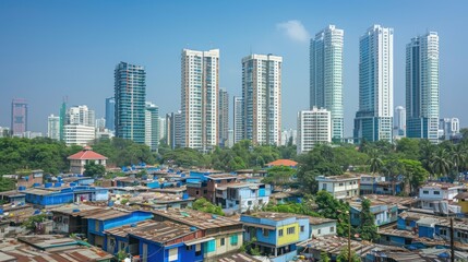 Naklejka premium Contrasting view of slums with a high-rise building in the foreground.