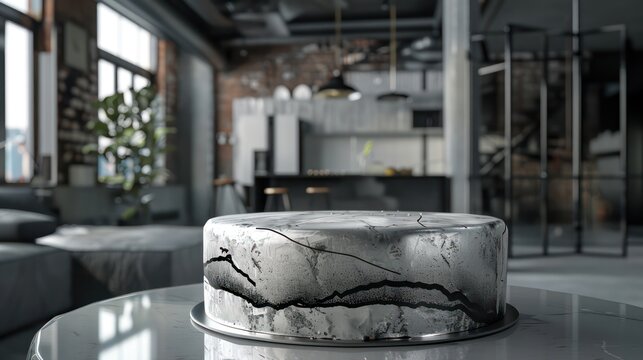 sleek, metallic silver cake with minimalist black line art, set against a backdrop of a modern, industrial loft