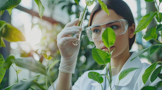 Woman, hands and plant scientist with test tube in medical research, gmo engineering or climate change research. Zoom, laboratory worker or biologist with science leaf in agriculture study for growth 