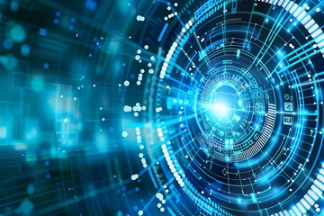 Futuristic Blue and White Technology Background with Holographic Circuit Elements in a Digital Communication Hub, Ideal for Hi-Tech Communication and Innovation Concepts