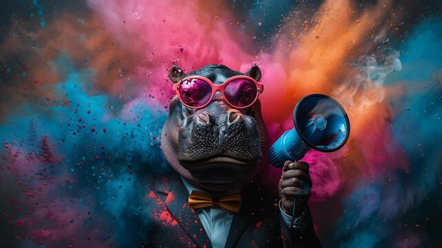 character concept hippo wear sunglasses with megaphone