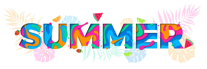 Summer banner with colorful papercut pattern and tropical leaves on white background