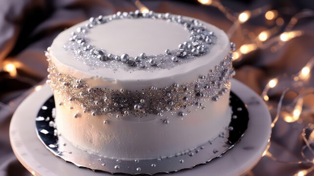 sleek white birthday cake adorned with silver edible glitter, surrounded by sparkling fairy lights