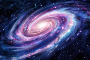A detailed image of a spiral galaxy with pink and blue hues in space