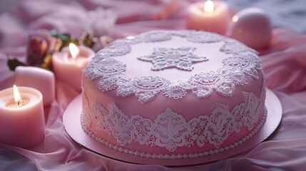 soft pink birthday cake with white lace patterns, set in a romantic, candlelit setting with soft pink hues
