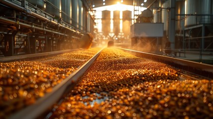 A close-up view of golden rice grains being processed on a conveyor belt within an industrial plant.