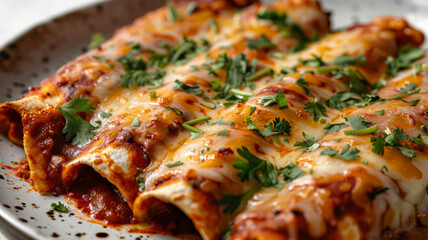 Plate of cheesy enchiladas garnished with fresh cilantro.