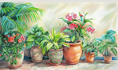 Obraz premium illustration of flowers and plants in pots
