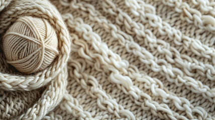 Close-up of a ball of yarn on a knitted wool fabric.