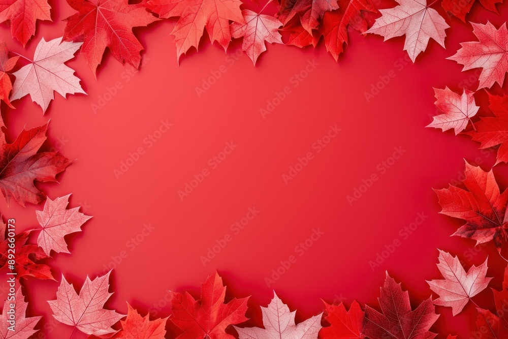 Wall mural border of red autumn maple leaves on a vibrant red backdrop with space for text
